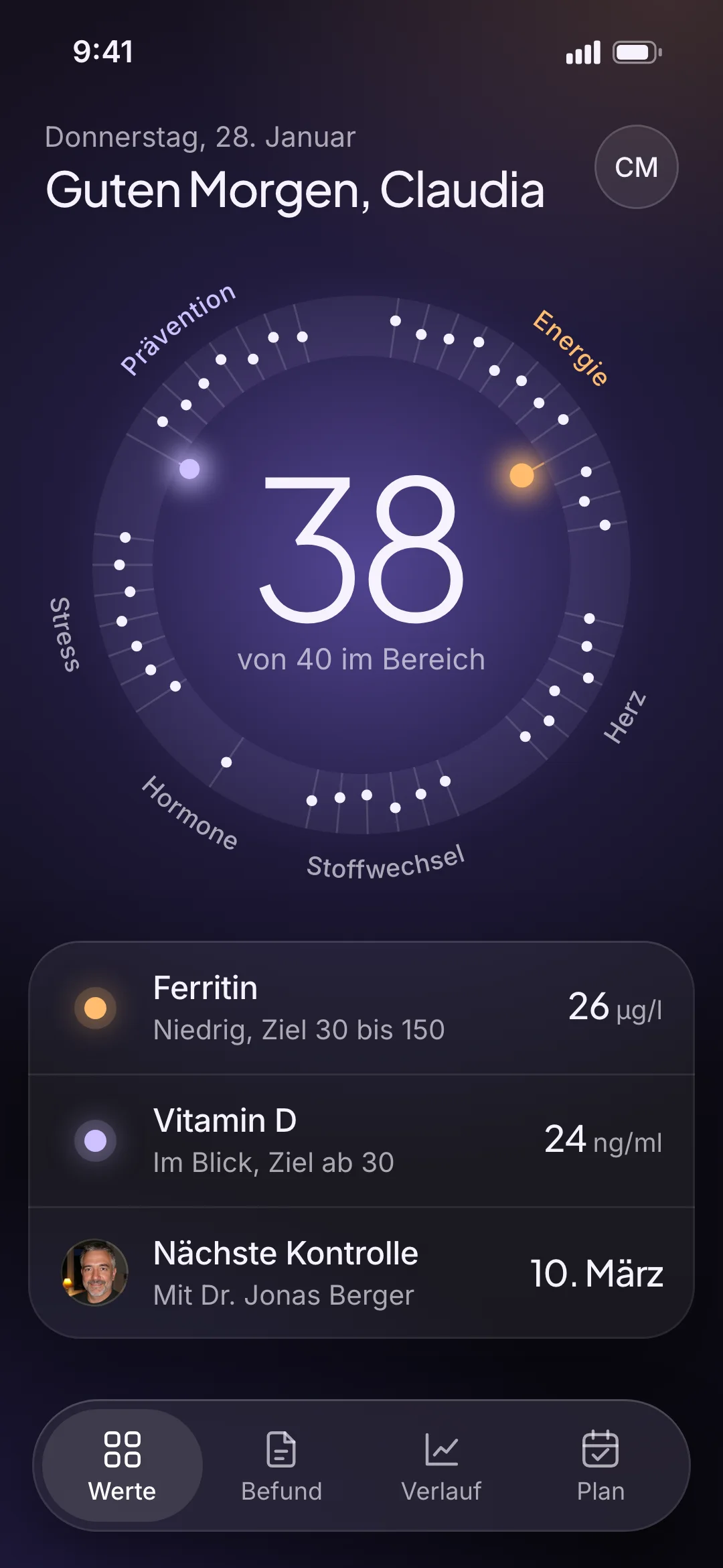 Values-App, Werte: 40 Punkte im Ring der sechs Bereiche, 38 im Bereich, Ferritin niedrig, Vitamin D im Blick
