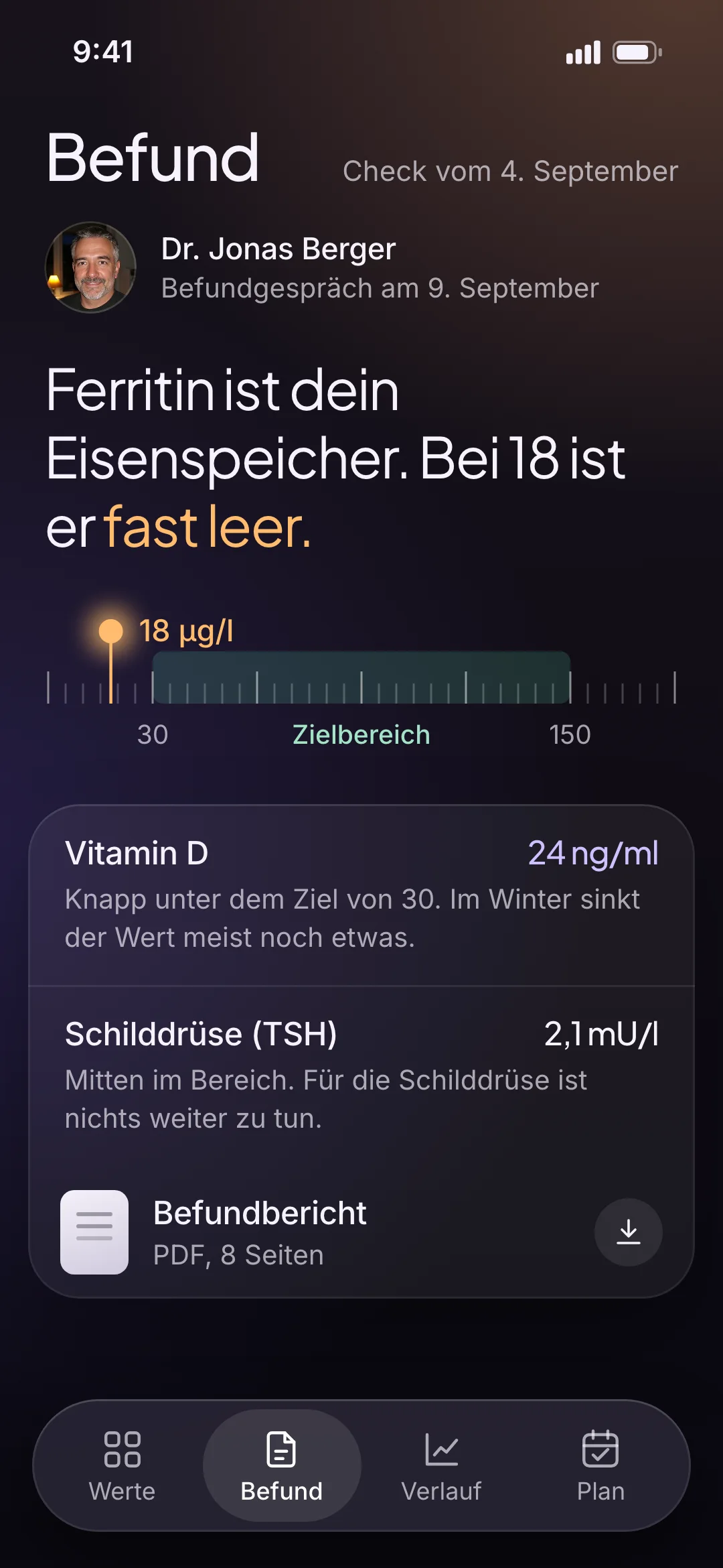 Values-App, Befund: Ferritin in Klartext erklärt und auf dem Lineal, weitere Werte, der Befundbericht als PDF