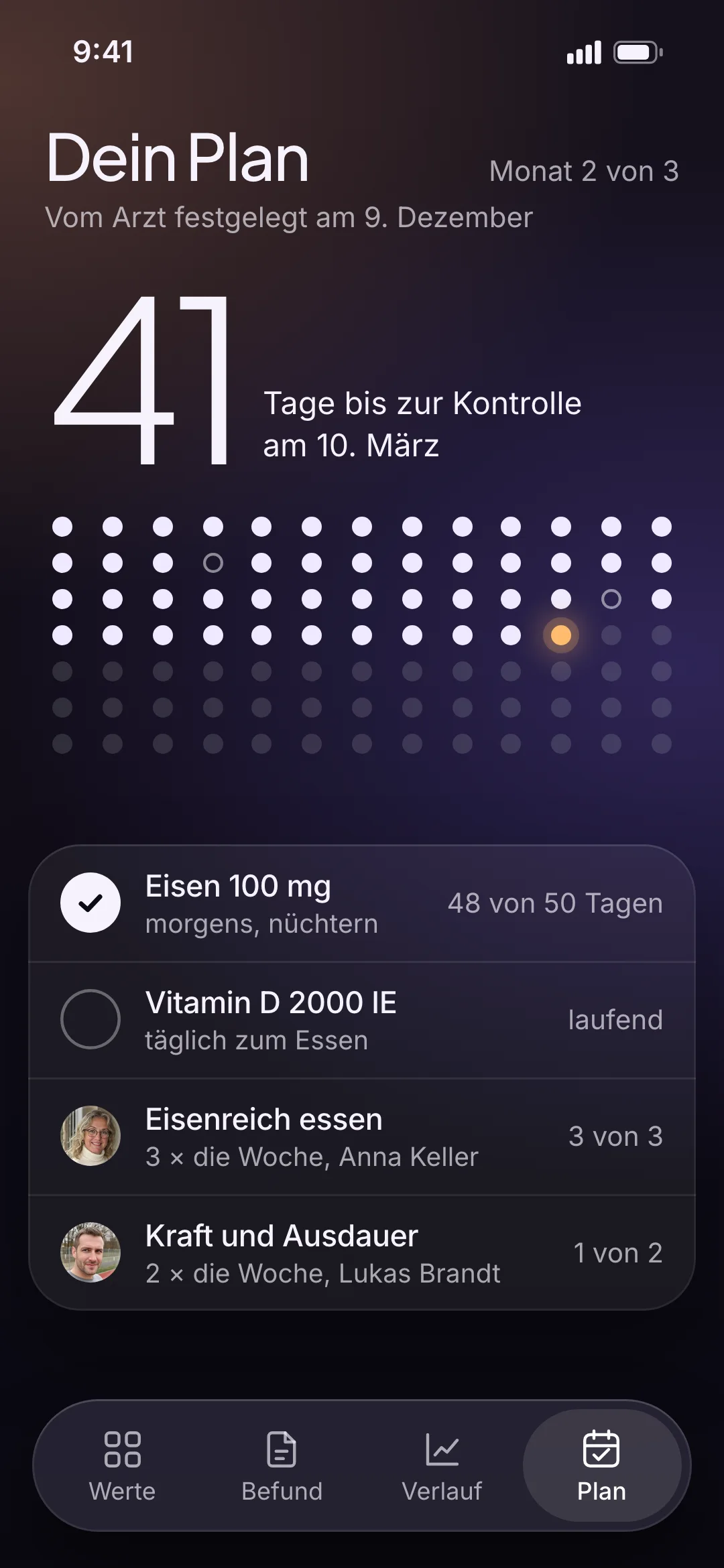 Values-App, Plan: 41 Tage bis zur Kontrolle im März, ein Punkt je Tag, Nährstoffe, Ernährung und Training mit Anna Keller und Lukas Brandt